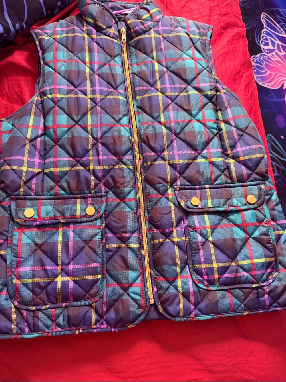 Girls Quilted Plaid Puffer Vest - Blue Multicolor